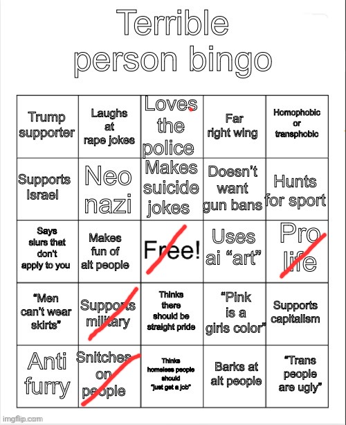 Terrible person bingo | image tagged in terrible person bingo | made w/ Imgflip meme maker