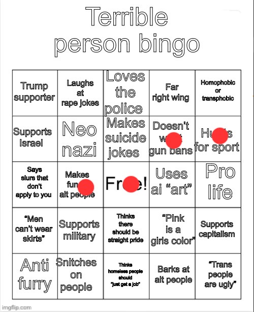 Terrible person bingo | image tagged in terrible person bingo | made w/ Imgflip meme maker