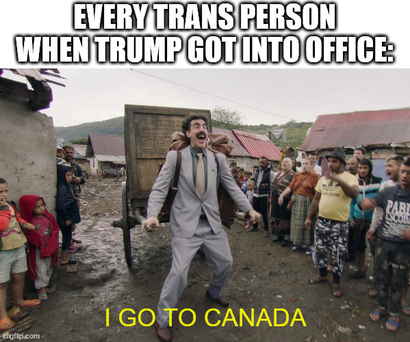 Stay safe everyone ????? | EVERY TRANS PERSON WHEN TRUMP GOT INTO OFFICE:; I GO TO CANADA | image tagged in borat i go to america,transgender,trans,stay safe,lgbtq | made w/ Imgflip meme maker