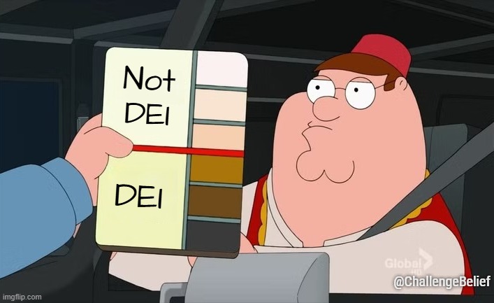 DEI criteria | Not DEI; DEI; @ChallengeBelief | image tagged in racist peter | made w/ Imgflip meme maker