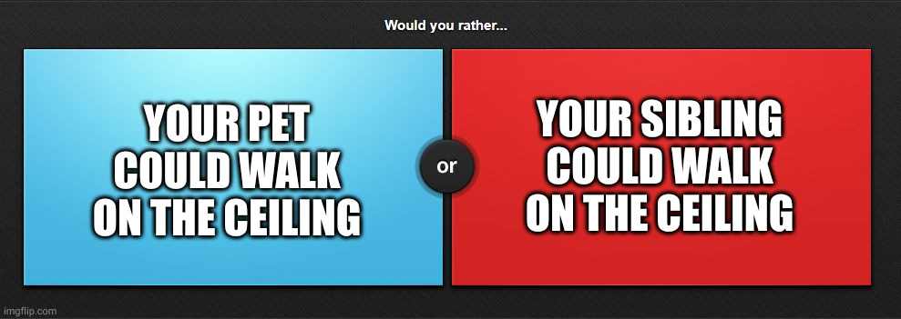 Would you rather | YOUR PET COULD WALK ON THE CEILING; YOUR SIBLING COULD WALK ON THE CEILING | image tagged in would you rather | made w/ Imgflip meme maker