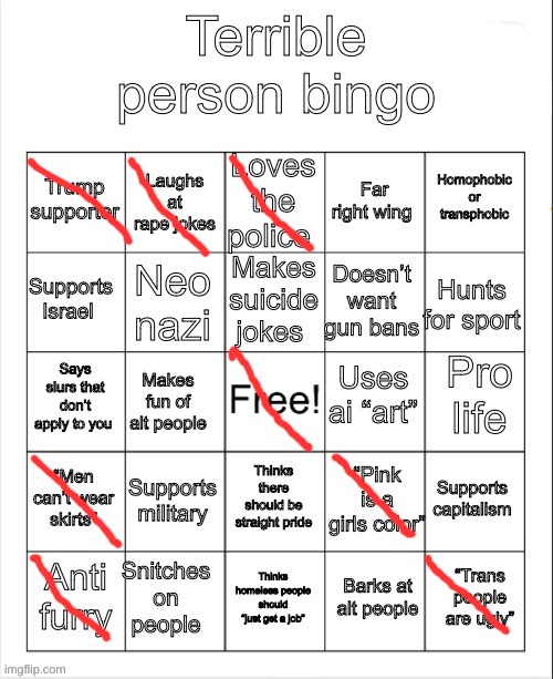 Terrible person bingo | image tagged in terrible person bingo | made w/ Imgflip meme maker