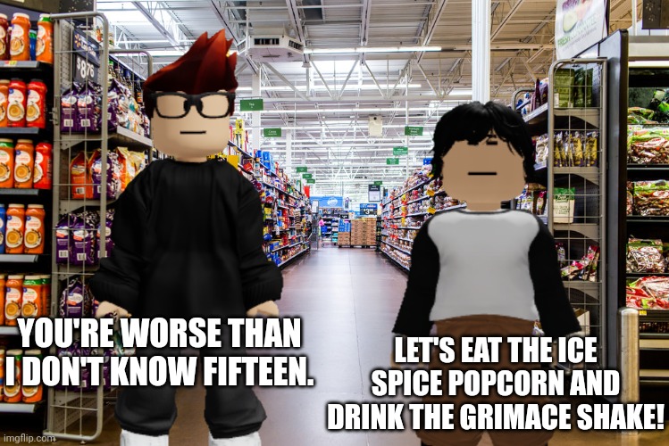 MC thinks the asian cribmart shoplifter is worse than the cheese pizza artist and he's right. | LET'S EAT THE ICE SPICE POPCORN AND DRINK THE GRIMACE SHAKE! YOU'RE WORSE THAN I DON'T KNOW FIFTEEN. | image tagged in meng cho,mc,cp artist,cribmart | made w/ Imgflip meme maker