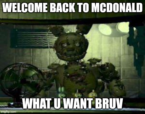 William Afton in McDonald's part 5 (the return) | WELCOME BACK TO MCDONALD; WHAT U WANT BRUV | image tagged in fnaf springtrap in window | made w/ Imgflip meme maker