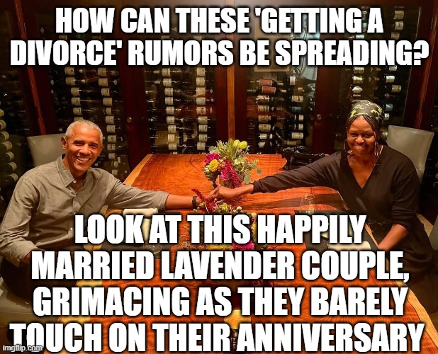 Lavender couples of convenience | HOW CAN THESE 'GETTING A DIVORCE' RUMORS BE SPREADING? LOOK AT THIS HAPPILY MARRIED LAVENDER COUPLE, GRIMACING AS THEY BARELY TOUCH ON THEIR ANNIVERSARY | image tagged in obama,democrats | made w/ Imgflip meme maker