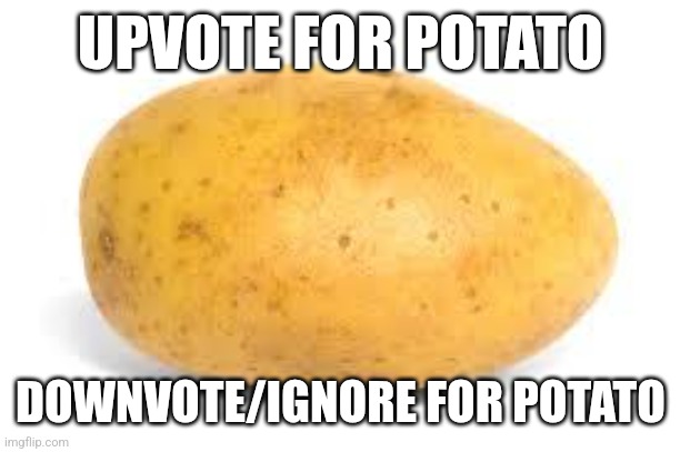 This is just to make fun of upvote beggars (if one of you sends that "you begged for upvotes" meme i will pull your eyes out and | UPVOTE FOR POTATO; DOWNVOTE/IGNORE FOR POTATO | image tagged in potato | made w/ Imgflip meme maker