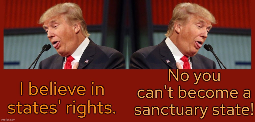 Inconsistent. | No you can't become a sanctuary state! I believe in states' rights. | image tagged in two faced trump,contradiction,conservative hypocrisy,immigrants,human rights,executive orders | made w/ Imgflip meme maker