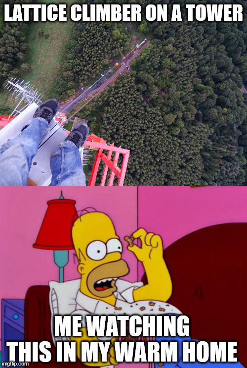 Just eat peanuts | LATTICE CLIMBER ON A TOWER; ME WATCHING THIS IN MY WARM HOME | image tagged in the simpsons,lattice climbing,meme,humor,climbing,germany | made w/ Imgflip meme maker