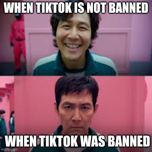 sss | WHEN TIKTOK IS NOT BANNED; WHEN TIKTOK WAS BANNED | image tagged in squid game | made w/ Imgflip meme maker