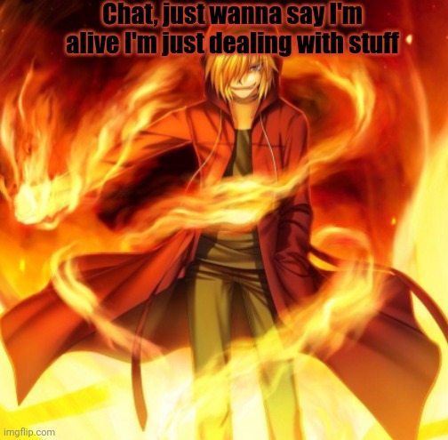 X the flame dude | Chat, just wanna say I'm alive I'm just dealing with stuff | image tagged in x the flame dude | made w/ Imgflip meme maker