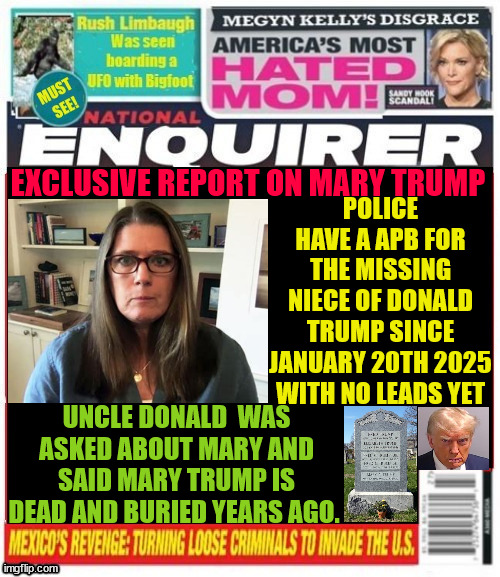 National Enquirer Mary Trump missing | POLICE HAVE A APB FOR THE MISSING NIECE OF DONALD TRUMP SINCE JANUARY 20TH 2025 WITH NO LEADS YET; EXCLUSIVE REPORT ON MARY TRUMP; UNCLE DONALD  WAS ASKED ABOUT MARY AND SAID MARY TRUMP IS DEAD AND BURIED YEARS AGO. | image tagged in national enquirer mary trump missing,maga murder,apb mary trump,uncle donald,mary is dead,convicted felon | made w/ Imgflip meme maker