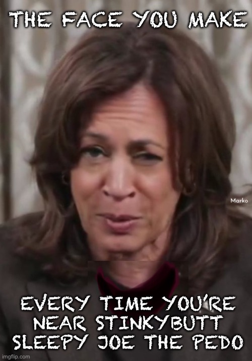 I betcha he can rip some ripe ones | THE FACE YOU MAKE; Marko; EVERY TIME YOU’RE NEAR STINKYBUTT SLEEPY JOE THE PEDO | image tagged in drunk kamala harris,leftists stink,putrid vile creatures,slithering scumbuckets,ask me how i really feel,fjb voters kissmyass | made w/ Imgflip meme maker