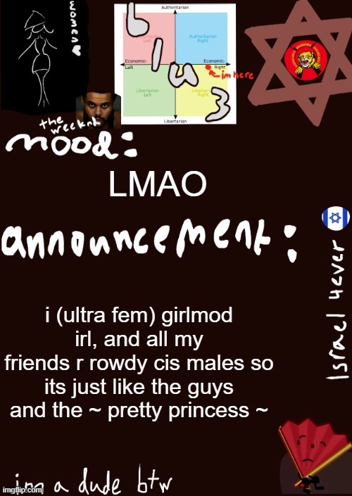 :D | LMAO; i (ultra fem) girlmod irl, and all my friends r rowdy cis males so its just like the guys and the ~ pretty princess ~ | image tagged in blu3s announcement temp updated | made w/ Imgflip meme maker