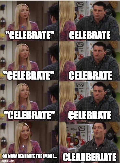 AI generation with "words" | "CELEBRATE"; CELEBRATE; CELEBRATE; "CELEBRATE"; "CELEBRATE"; CELEBRATE; OK NOW GENERATE THE IMAGE... CLEAHBERJATE | image tagged in phoebe joey,ai generated | made w/ Imgflip meme maker