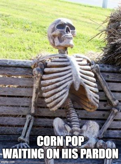 Corn Pop Pardon | CORN POP WAITING ON HIS PARDON | image tagged in memes,waiting skeleton,joe biden,corn pop,pardon | made w/ Imgflip meme maker