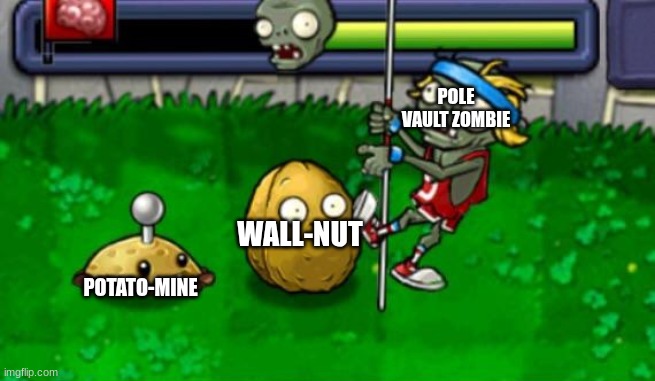 polevault wallnut potatomine | POLE VAULT ZOMBIE; WALL-NUT; POTATO-MINE | image tagged in polevault wallnut potatomine | made w/ Imgflip meme maker