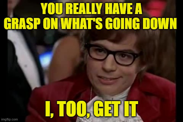 Hey, Children, What's That Sound | YOU REALLY HAVE A GRASP ON WHAT'S GOING DOWN; I, TOO, GET IT | image tagged in austin powers,i too like to live dangerously,get it | made w/ Imgflip meme maker