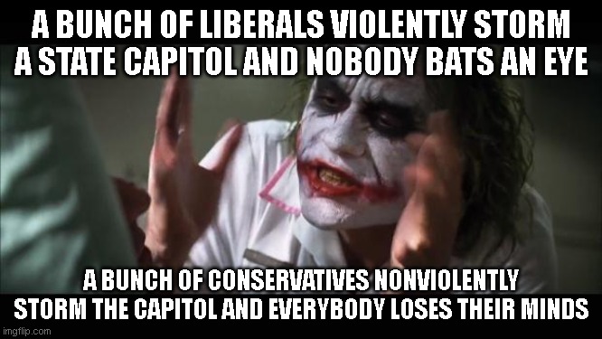 Remember, kids, rules almost never apply to those who commit biology and gender treachery | A BUNCH OF LIBERALS VIOLENTLY STORM A STATE CAPITOL AND NOBODY BATS AN EYE; A BUNCH OF CONSERVATIVES NONVIOLENTLY STORM THE CAPITOL AND EVERYBODY LOSES THEIR MINDS | image tagged in memes,and everybody loses their minds | made w/ Imgflip meme maker