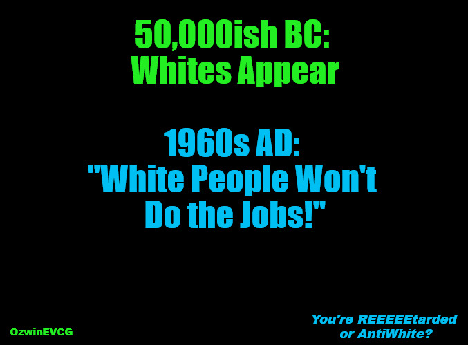 [New Knowledge...] You're REEEEEtarded or AntiWhite? [...Updated Version] | 50,000ish BC: 

Whites Appear; 1960s AD: 

"White People Won't 

Do the Jobs!"; You're REEEEEtarded 

or AntiWhite? OzwinEVCG | image tagged in bogus narratives,liberal logic,reeeee,ignorance,clown world,2020s | made w/ Imgflip meme maker