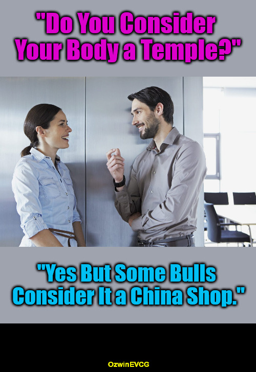 Charging Bull, Reclining Human | "Do You Consider 

Your Body a Temple?"; "Yes But Some Bulls 

Consider It a China Shop."; OzwinEVCG | image tagged in coworkers talking,bad health,body as china shop,good health,body as temple,creation's wild cards | made w/ Imgflip meme maker