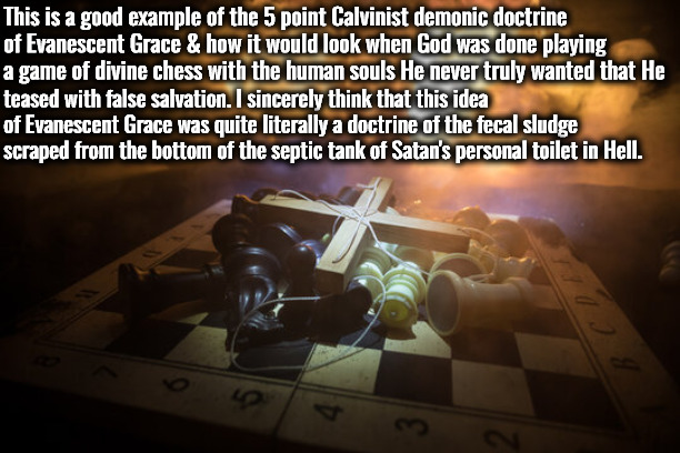 Doctrine From Satan's Personal Toilet | This is a good example of the 5 point Calvinist demonic doctrine of Evanescent Grace & how it would look when God was done playing a game of divine chess with the human souls He never truly wanted that He; teased with false salvation. I sincerely think that this idea of Evanescent Grace was quite literally a doctrine of the fecal sludge scraped from the bottom of the septic tank of Satan's personal toilet in Hell. | image tagged in calvinism,arminian,molinism,ai puppeteer muppet robot zombie heresy,5 point reformed marionette puppet corpse dogma | made w/ Imgflip meme maker