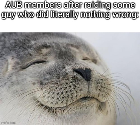 Oml, like just use the block button, it's just 1 click away amd you don't have to deal with them again | AUB members after raiding some guy who did literally nothing wrong: | image tagged in memes,satisfied seal,msmg,slander | made w/ Imgflip meme maker