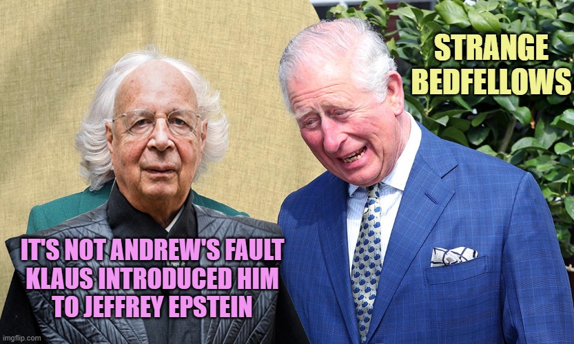 Prince Charles and Camilla | STRANGE
BEDFELLOWS IT'S NOT ANDREW'S FAULT
KLAUS INTRODUCED HIM
TO JEFFREY EPSTEIN | image tagged in prince charles and camilla | made w/ Imgflip meme maker