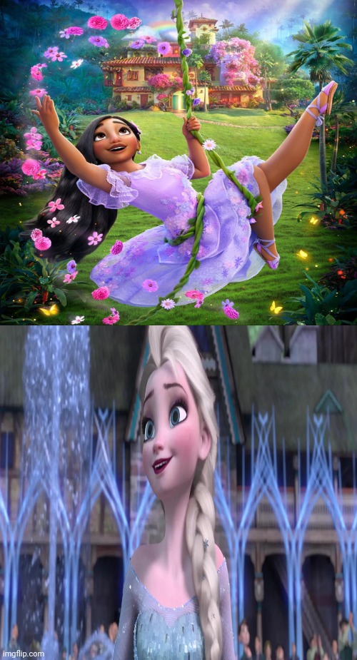 Isabela Creates Flowers for Elsa | image tagged in isabela creats flowers for who,elsa,elsa frozen,isabela madrigal,encanto meme,frozen | made w/ Imgflip meme maker