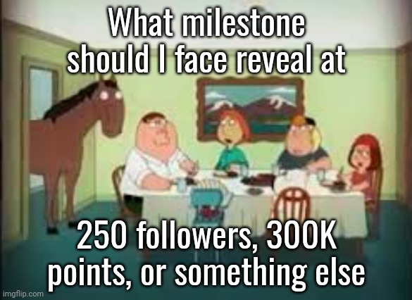 peter the horse is here | What milestone should I face reveal at; 250 followers, 300K points, or something else | image tagged in peter the horse is here | made w/ Imgflip meme maker