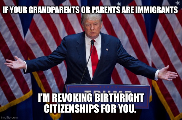 Trump birthright citizenship | IF YOUR GRANDPARENTS OR PARENTS ARE IMMIGRANTS; I’M REVOKING BIRTHRIGHT CITIZENSHIPS FOR YOU. | image tagged in donald trump | made w/ Imgflip meme maker