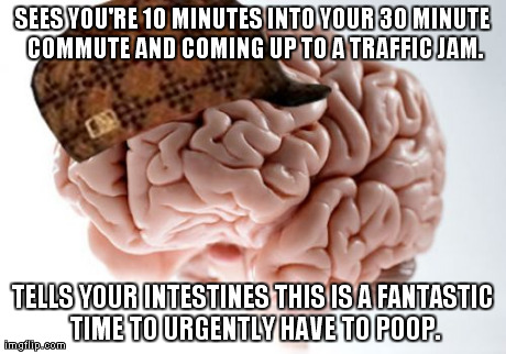 Scumbag Brain Meme | SEES YOU'RE 10 MINUTES INTO YOUR 30 MINUTE COMMUTE AND COMING UP TO A TRAFFIC JAM. TELLS YOUR INTESTINES THIS IS A FANTASTIC TIME TO URGENTL | image tagged in memes,scumbag brain,AdviceAnimals | made w/ Imgflip meme maker