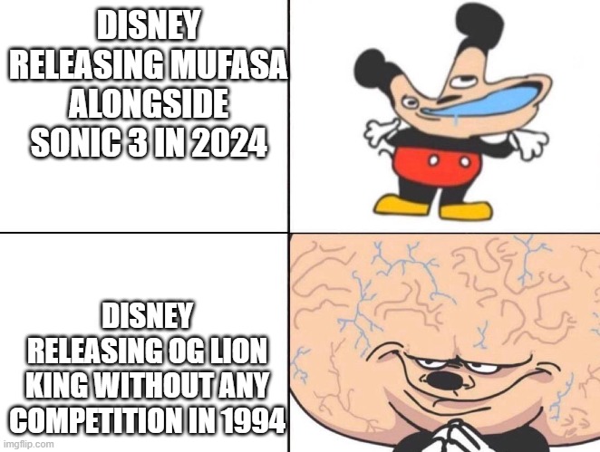 Disney now vs. then | DISNEY RELEASING MUFASA ALONGSIDE SONIC 3 IN 2024; DISNEY RELEASING OG LION KING WITHOUT ANY COMPETITION IN 1994 | image tagged in big brain mickey | made w/ Imgflip meme maker