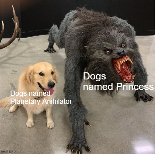 real | Dogs named Princess; Dogs named Planetary Anihilator | image tagged in two dog meme | made w/ Imgflip meme maker