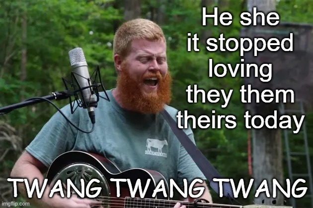 Inclusive Lyrics | He she it stopped loving they them theirs today TWANG TWANG TWANG | image tagged in redbeard | made w/ Imgflip meme maker