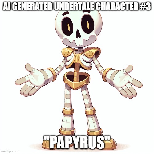 oh god papyrus took the edibles again | AI GENERATED UNDERTALE CHARACTER #3; BRO'S NOT PAPYRUS
SHIMMY SHIMMY YAY SHIMMY YAY SHIMMY AHHH; "PAPYRUS" | made w/ Imgflip meme maker