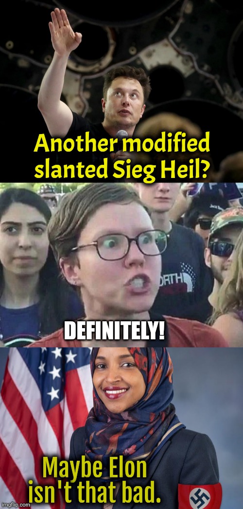 Elon has gone too far!!! | Another modified slanted Sieg Heil? DEFINITELY! Maybe Elon isn't that bad. | image tagged in triggered liberal,ilhan omar,elon musk,liberals,liberal logic,satire | made w/ Imgflip meme maker