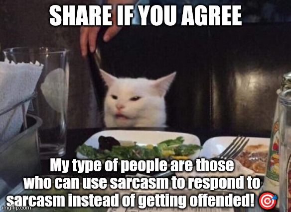 Smudge on Sarcasm | SHARE IF YOU AGREE; My type of people are those who can use sarcasm to respond to sarcasm instead of getting offended! 🎯 | image tagged in salad cat,smudge the cat,cat,funny,lol | made w/ Imgflip meme maker