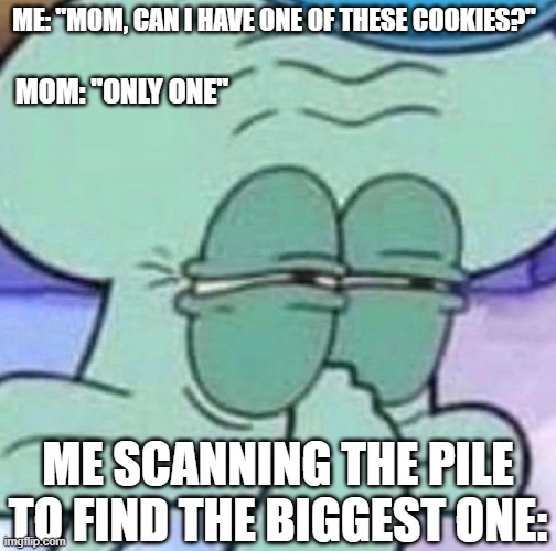 Squidworth | ME: "MOM, CAN I HAVE ONE OF THESE COOKIES?"; MOM: "ONLY ONE"; ME SCANNING THE PILE TO FIND THE BIGGEST ONE: | image tagged in funny memes | made w/ Imgflip meme maker