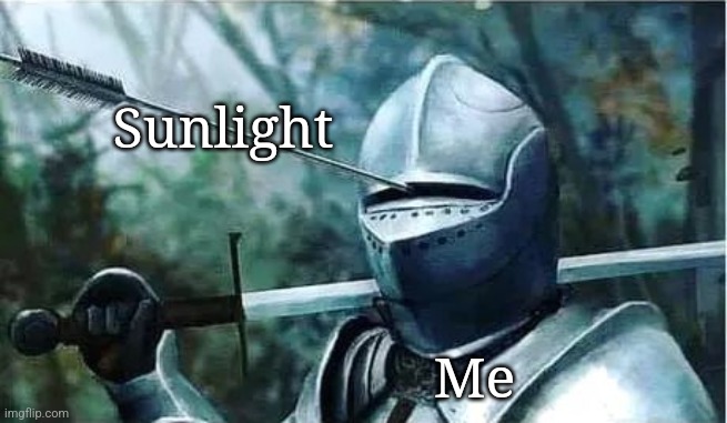 Sunlight that always finds me | Sunlight; Me | image tagged in knight with arrow in his eye,sunlight,my eyes | made w/ Imgflip meme maker