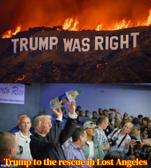 Trump our savoir | Trump to the rescue in Lost Angeles | image tagged in trump our savoir,we're doomed i say doomed,worst president times 2,trump was never right,nazis hate cali,maga mendacity | made w/ Imgflip meme maker