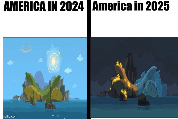 America currently | AMERICA IN 2024; America in 2025 | image tagged in split | made w/ Imgflip meme maker