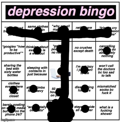 T | image tagged in depression bingo | made w/ Imgflip meme maker