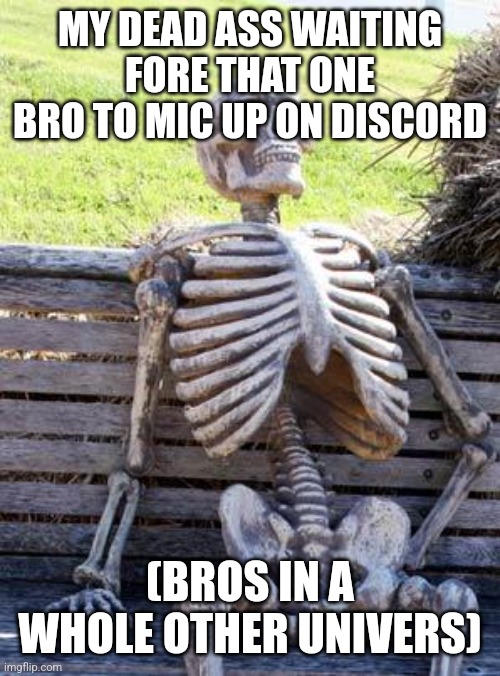 I can't whait to mic up bro fore reaserch, i meant... | MY DEAD ASS WAITING FORE THAT ONE BRO TO MIC UP ON DISCORD; (BROS IN A WHOLE OTHER UNIVERS) | image tagged in memes,waiting skeleton | made w/ Imgflip meme maker