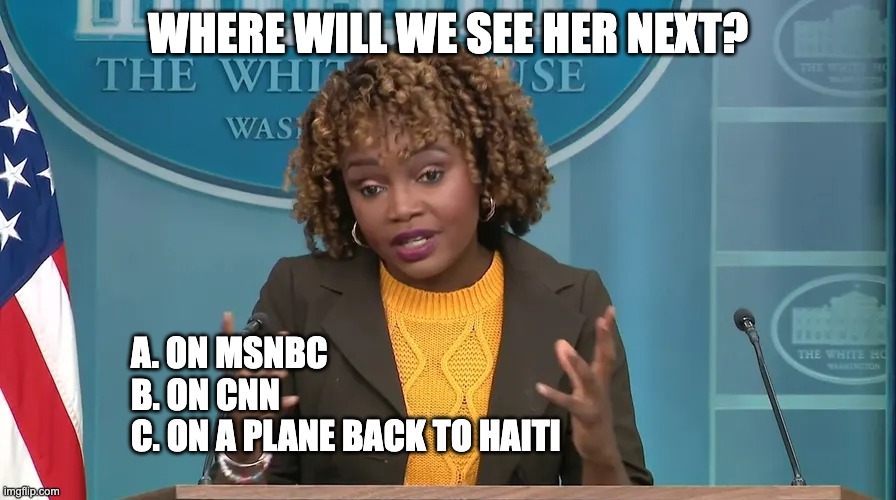 Her Horizon Is Limited | WHERE WILL WE SEE HER NEXT? A. ON MSNBC
B. ON CNN
C. ON A PLANE BACK TO HAITI | image tagged in kjp | made w/ Imgflip meme maker