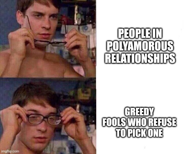 One is best everyone! | PEOPLE IN POLYAMOROUS RELATIONSHIPS; GREEDY FOOLS WHO REFUSE TO PICK ONE | image tagged in spiderman glasses | made w/ Imgflip meme maker