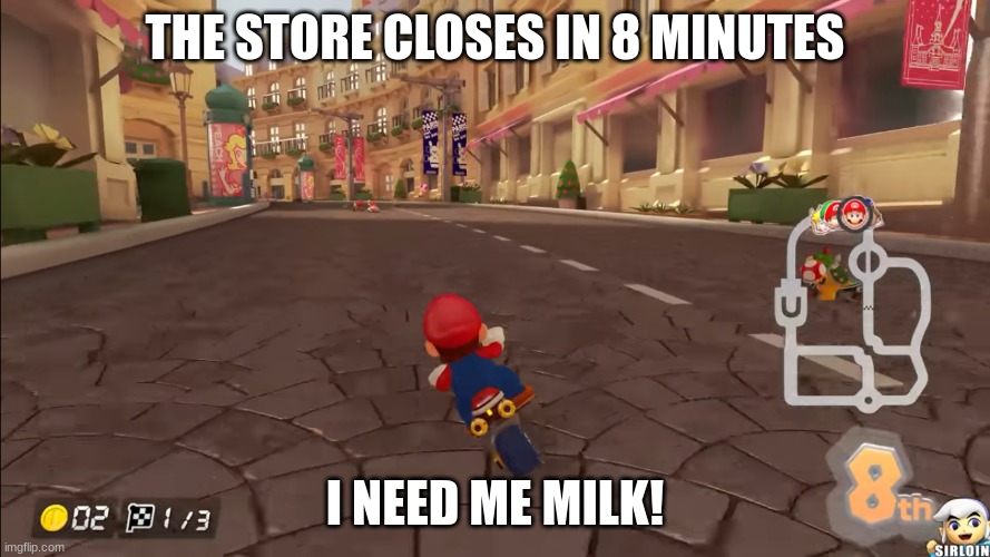 Store MK8D | THE STORE CLOSES IN 8 MINUTES; I NEED ME MILK! | image tagged in mario | made w/ Imgflip meme maker