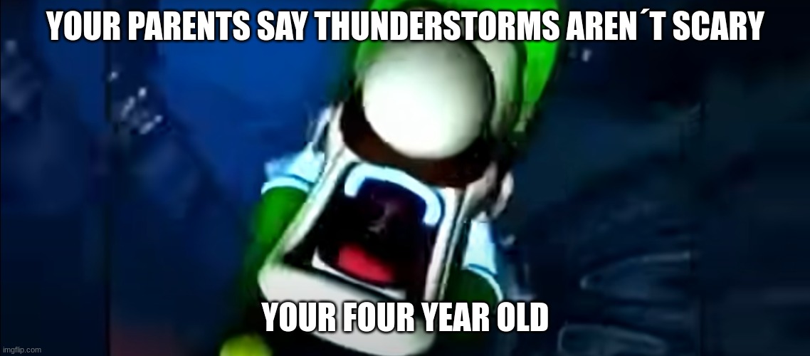 Thunderstorm LM | YOUR PARENTS SAY THUNDERSTORMS AREN´T SCARY; YOUR FOUR YEAR OLD | image tagged in luigi | made w/ Imgflip meme maker