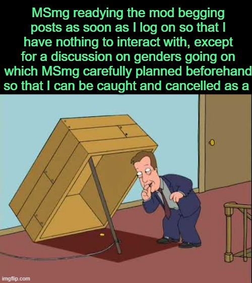 . | MSmg readying the mod begging posts as soon as I log on so that I have nothing to interact with, except for a discussion on genders going on which MSmg carefully planned beforehand so that I can be caught and cancelled as a | image tagged in box trap | made w/ Imgflip meme maker