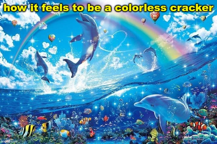 Happy dolphin rainbow | how it feels to be a colorless cracker | image tagged in happy dolphin rainbow | made w/ Imgflip meme maker