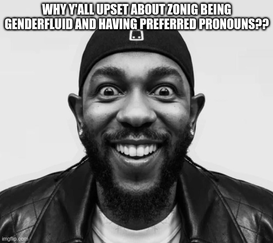 kdot jumpscare | WHY Y'ALL UPSET ABOUT ZONIG BEING GENDERFLUID AND HAVING PREFERRED PRONOUNS?? | image tagged in kdot jumpscare | made w/ Imgflip meme maker